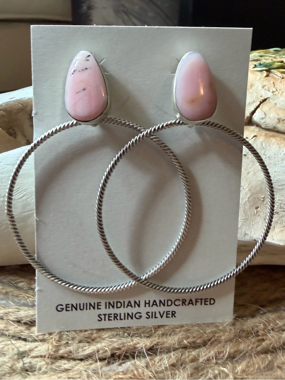 Genuine Handcrafted Sterling Silver Hoop Earrings with Pink Stone Posts